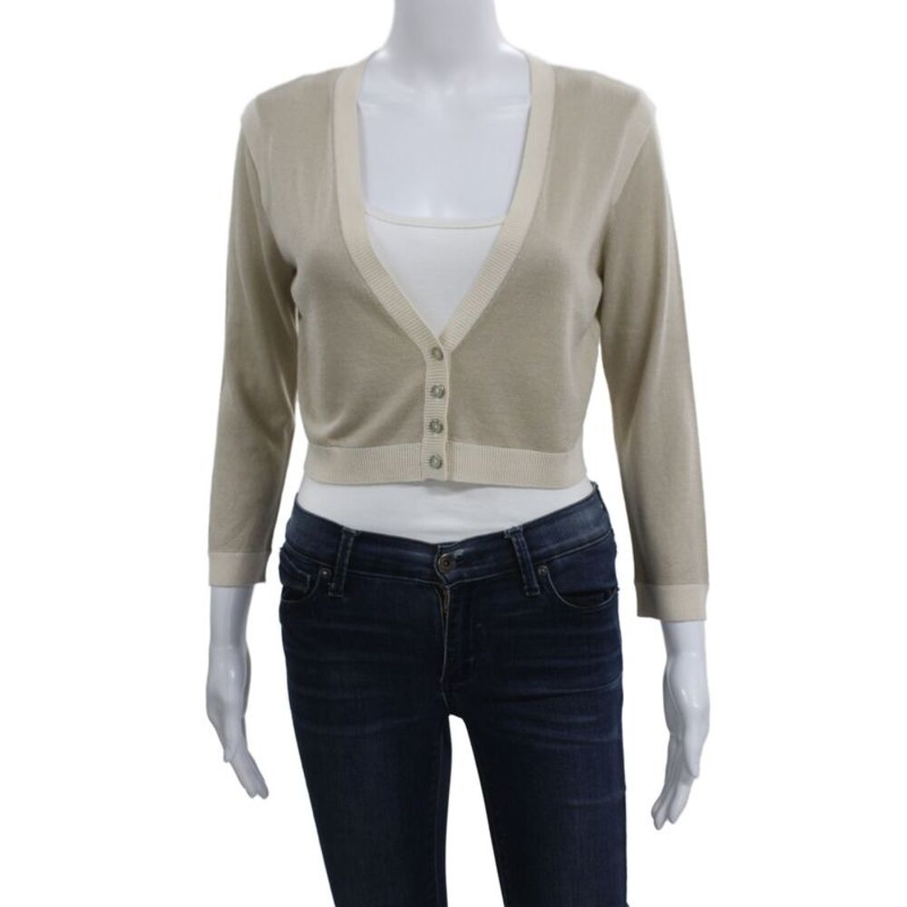 Magaschoni Womens Beige Silk V Neck 3/4 Sleeve Cardigan Size S